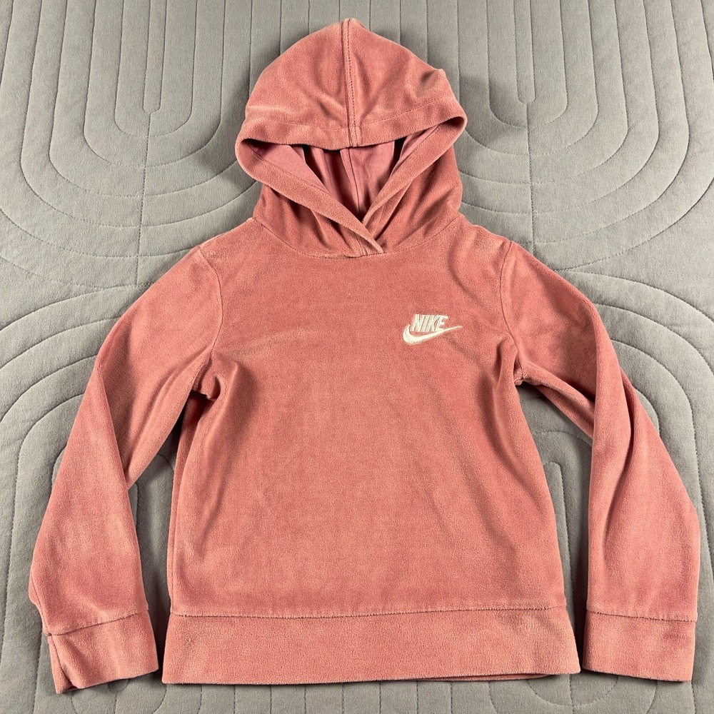 Nike Kids Hoodie Sz 5 Pink Swoosh Pullover Fleece Sweatshirt 4–5 Kangaroo Pocket